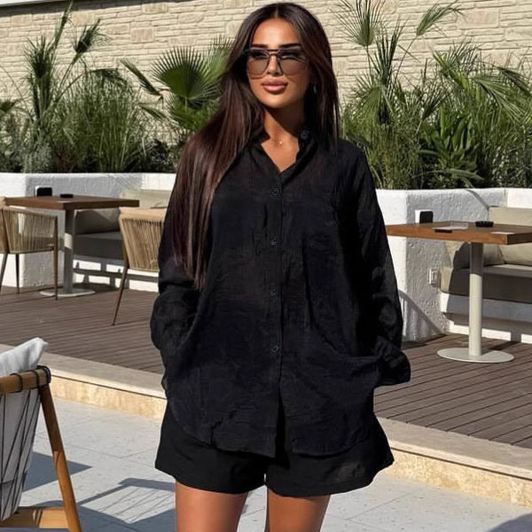 Plus Size Long Sleeve Shirt & Shorts Set for Casual Wear