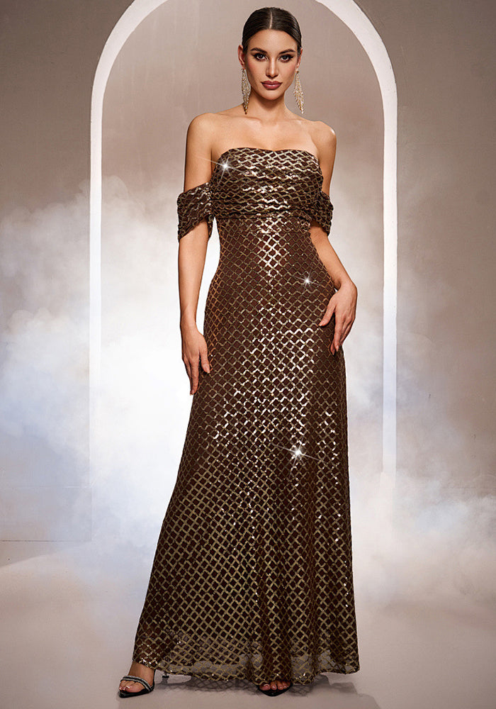 Luxury Sleeveless Off-Shoulder Sequin A-Line Formal Evening Dress