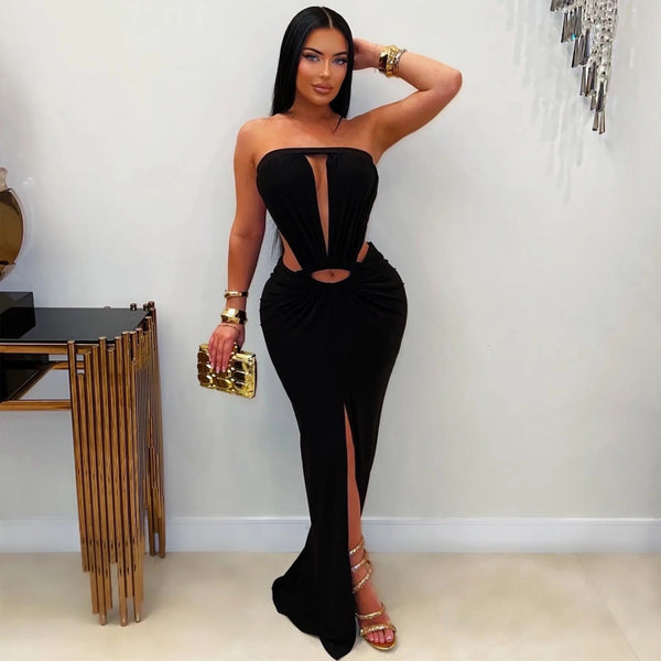 Solid Backless Strapless Slit Dress for Evening Events