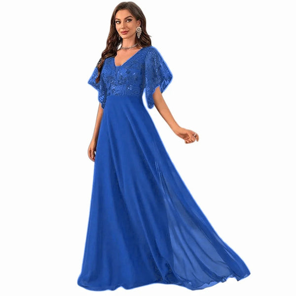 Vintage Chiffon Lace Sequin V-Neck Formal Wedding Gown