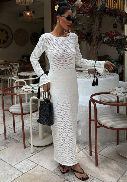 Women Beach Bikini Cover-Up Bell Bottom Long-Sleeved Knitting Backless Beach Maxi Dress