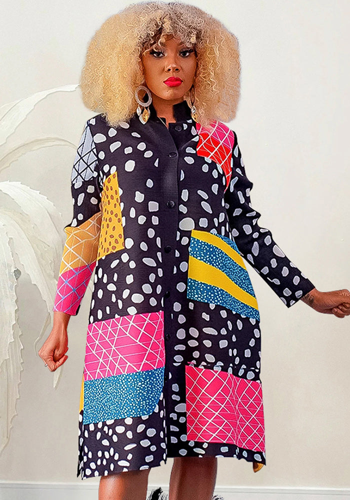 Printed Long-Sleeve Button-Up Maxi Dress for Everyday Wear