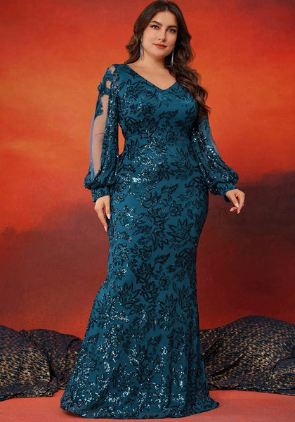 Plus Size Women V-Neck Sequined Long Sleeve Elegant Fishtail Evening Dress