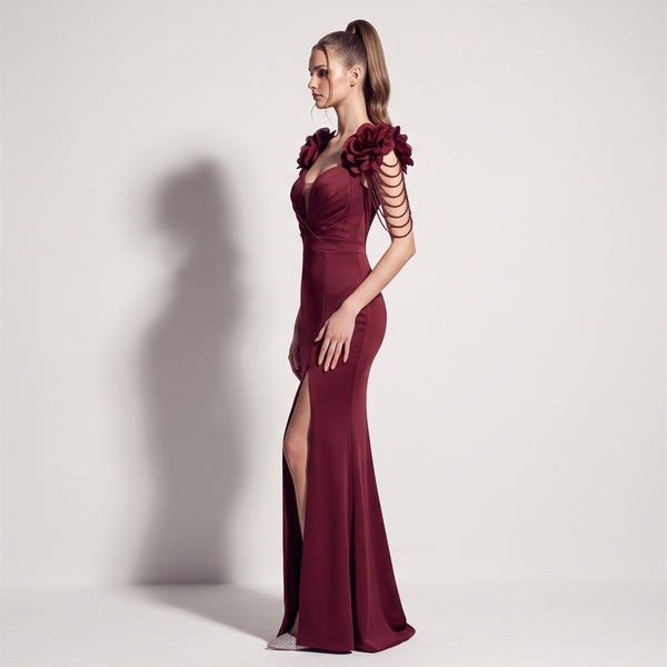 Plus Size Satin Beaded High Slit Maxi Evening Gown for Formal Parties