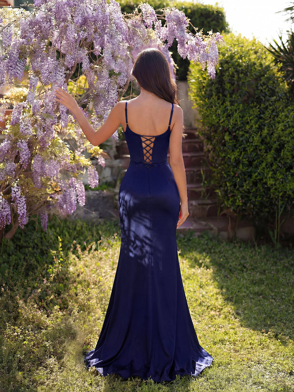 Lace Halter V-Neck Slit Fishtail Evening Dress for Formal Parties