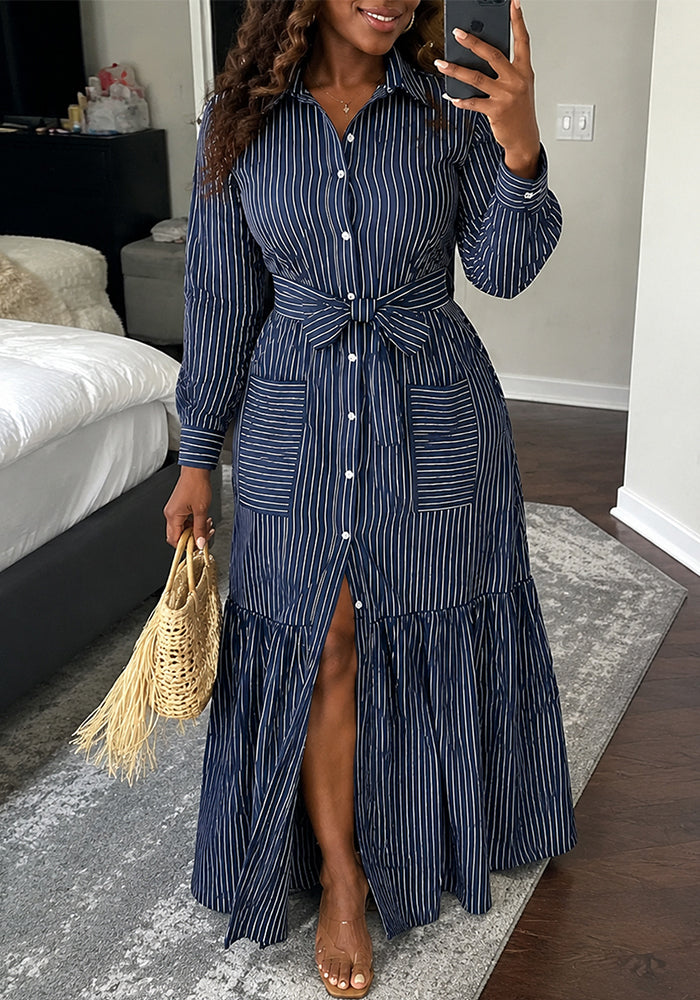 Long Sleeve Turndown Collar Tie Maxi Dress
