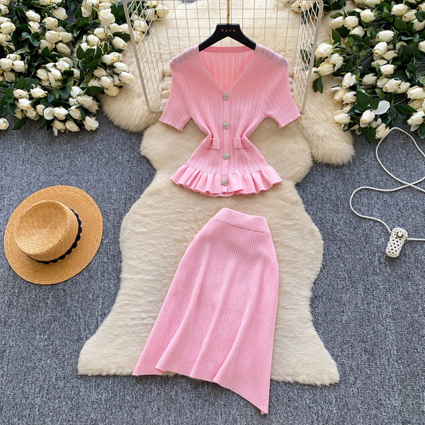 Knitted V-Neck Ruffle Detail Two-Piece Skirt Set for Summer Career Wear