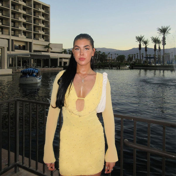 Draped V-Neck Beaded Lace Long Sleeve Bodycon Dress for Spring