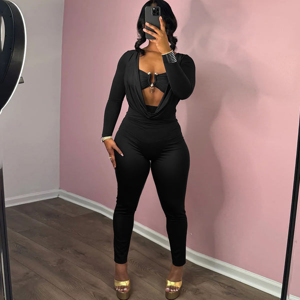 Draped Neck Slim Waist Bodycon Jumpsuit for Summer Evenings