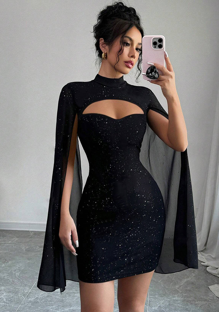 Round Neck Ribbed Pearl Chiffon Cape Bodycon Dress