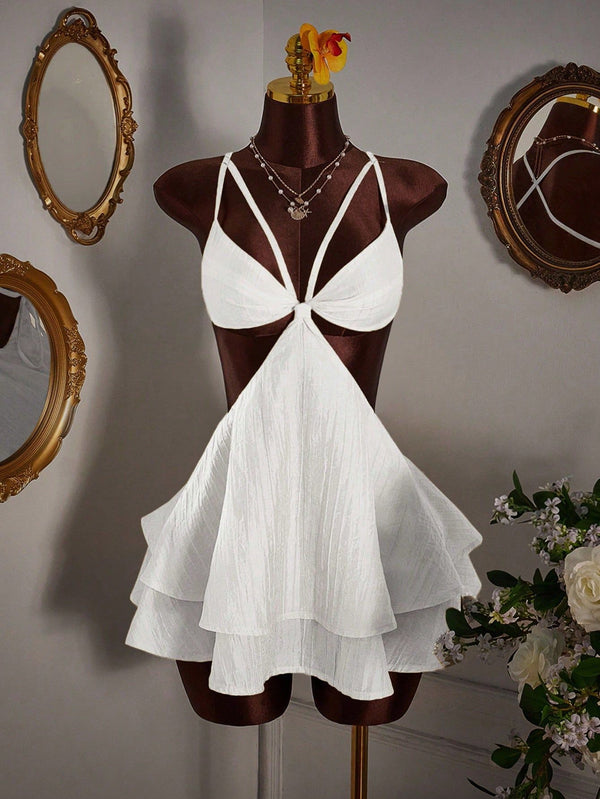 Solid Lace-Up Hollow-Out Strap Multi-Layer Mini Dress for Holiday Parties