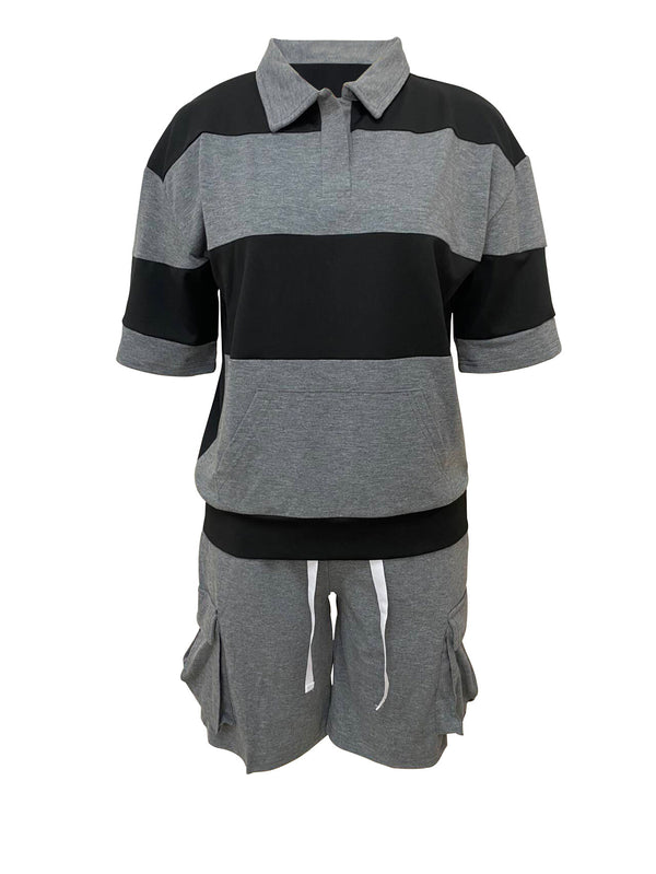 Striped Turndown Collar Polo Shirt & Shorts Set for Activewear