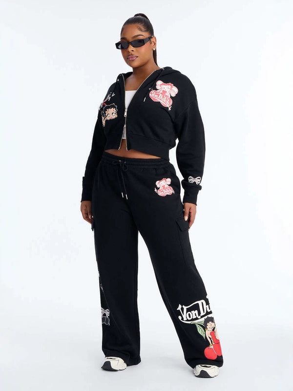 Printed Short Zipper Hoodie & Wide Leg Pants Two-Piece Set