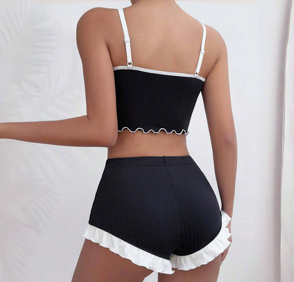 Women Camisole Top with Lace Patchwork and Ruffles Shorts Two-piece Set