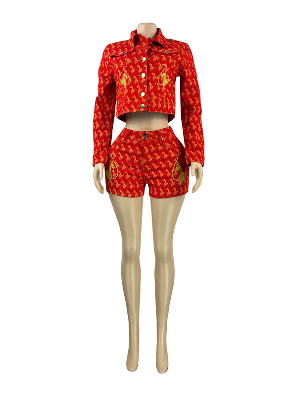 Printed Embroidered Denim Jacket & Shorts Set for Streetwear