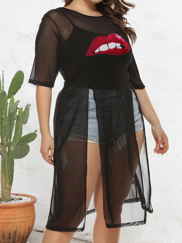 Plus Size Lips Print See-Through Mesh Slit Irregular T-Shirt Cover-Up