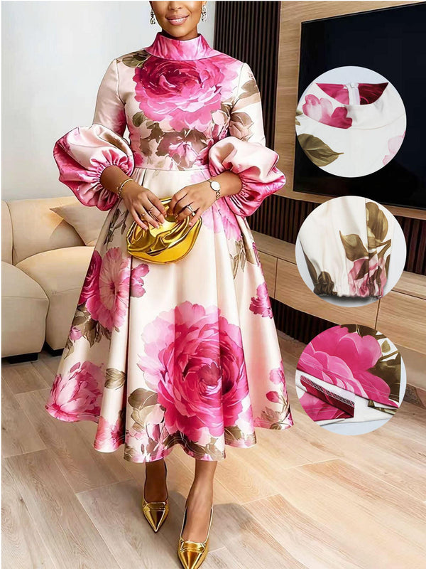 Lantern Sleeve Printed Dress for Elegant Events