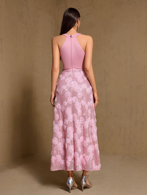 Printed Patchwork Halter Maxi Gown for Evening Parties