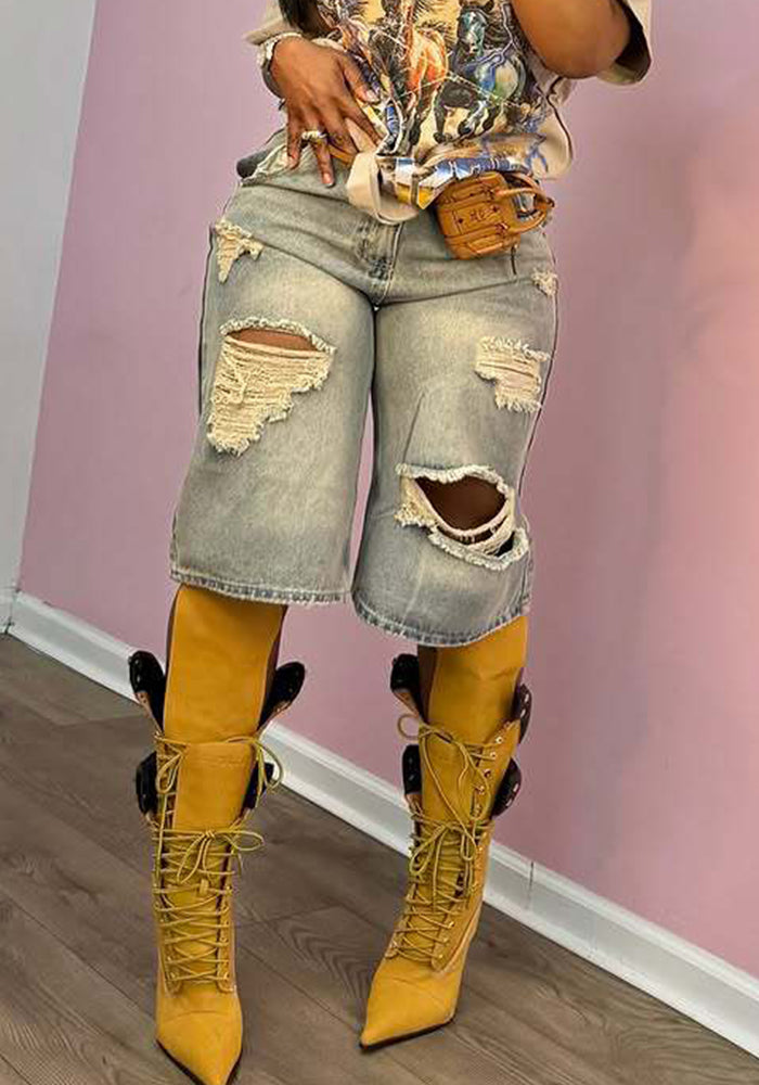 High-Waist Loose Distressed Straight Wide-Leg Jeans for Summer