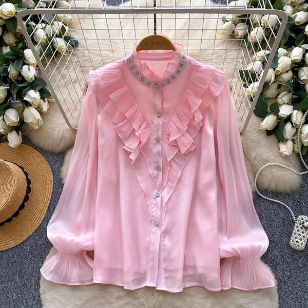 Embellished Long Sleeve Ruffle Shirt for Career Wear