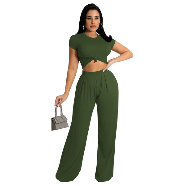 Solid Short-Sleeve Top & Wide-Leg Pants Two-Piece Set for Autumn
