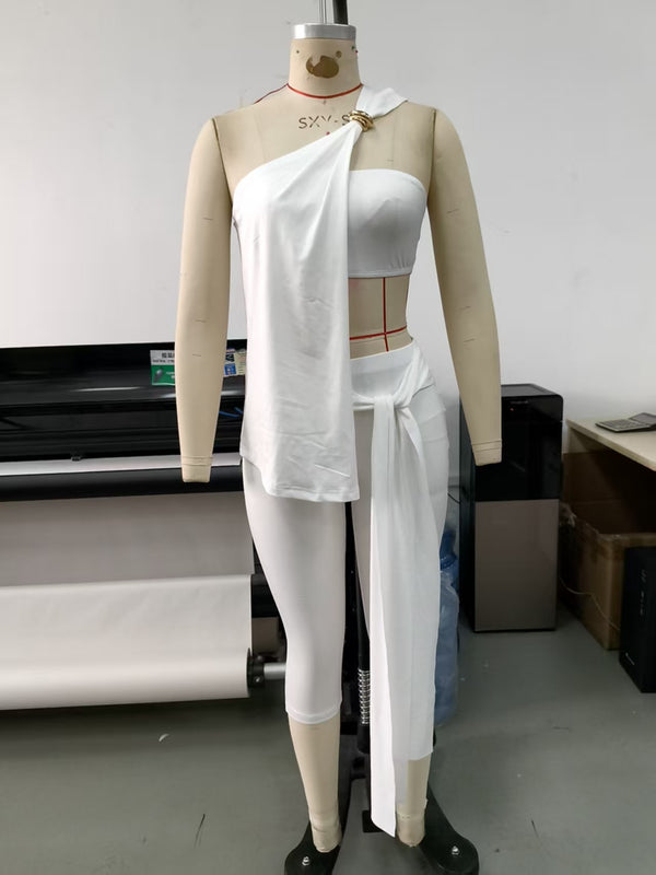 Slash Shoulder Irregular Top & Tie Waist Cropped Pants Set for Spring & Summer