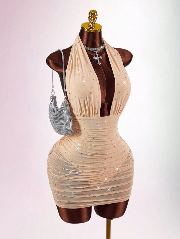 Mesh Halter Neck Low Back Bodycon Dress for Evening Parties