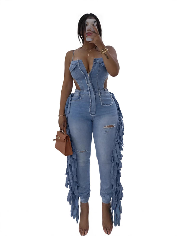 Stretchy Spaghetti Strap Tassel Jumpsuit for Party & Club Wear