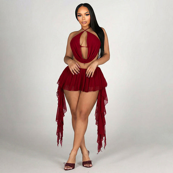 Mesh Halter Draped Lace-Up Top & Ruffle Skort Two-Piece Set for Summer