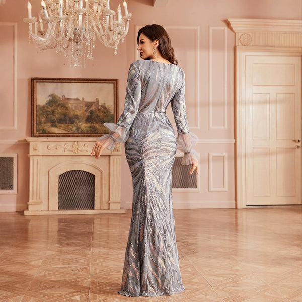 Sequin Round Neck Long Sleeve Bodycon Evening Dress for Formal Parties