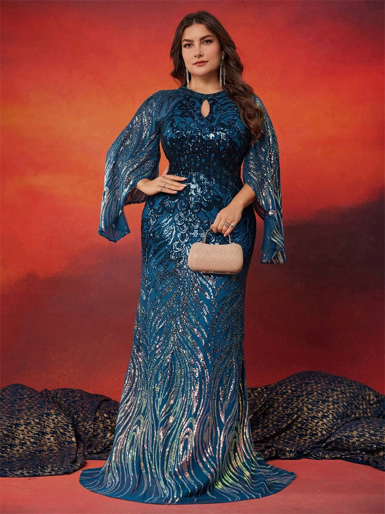 long sleeve split dinner dress Plus Size Women Strechy Gradient Sequin Round Neck Long Sleeve Split S