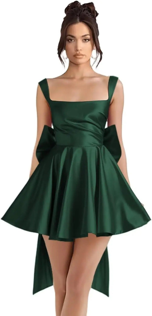 Satin Bow Strap Cocktail Mini Dress for Evening Parties