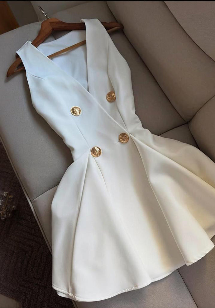 V-Neck Sleeveless Button-Down Solid Dress for Summer Casual