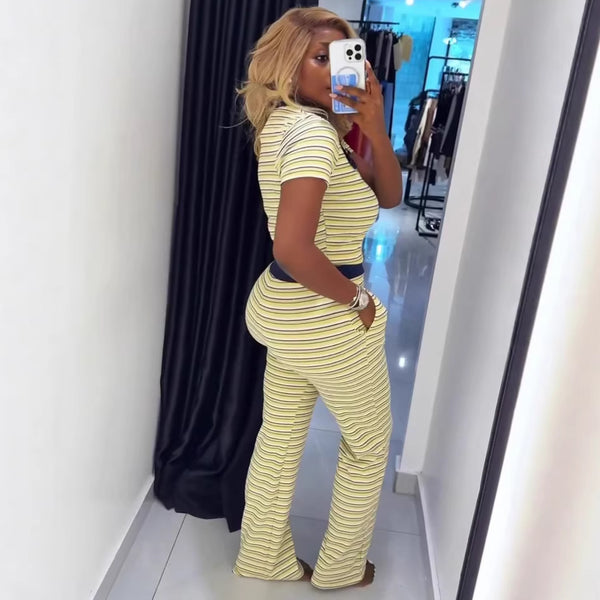 Colorblock Turndown Collar Crop Top & Pants Set for Casual Wear