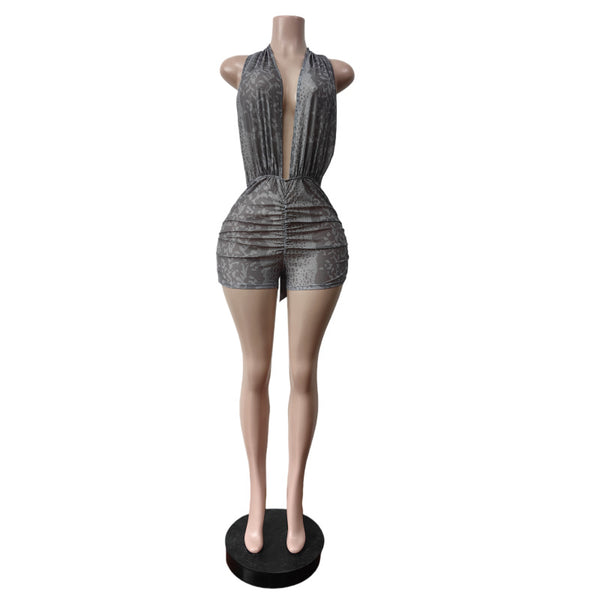 Mesh Printed Halter Neck Backless Jumpsuit for Club Wear