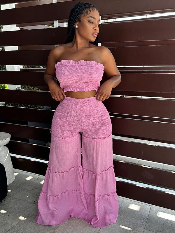 Ruffle Strapless Two-Piece Pants Set for Evening Parties