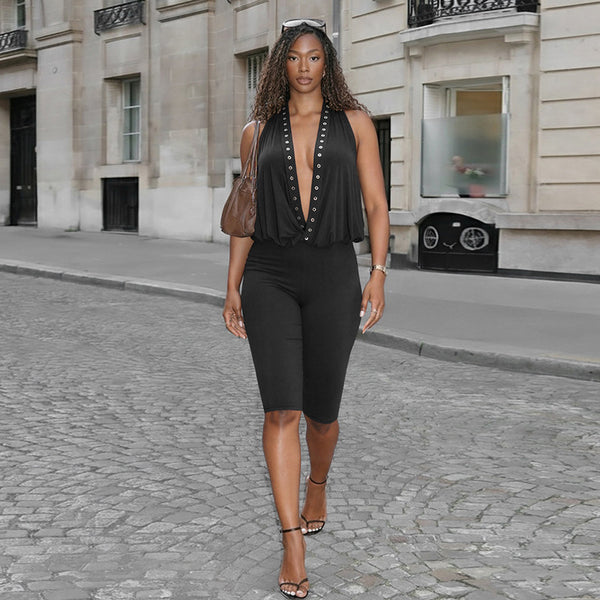 Studded Halter Backless Jumpsuit for Spring Club Wear