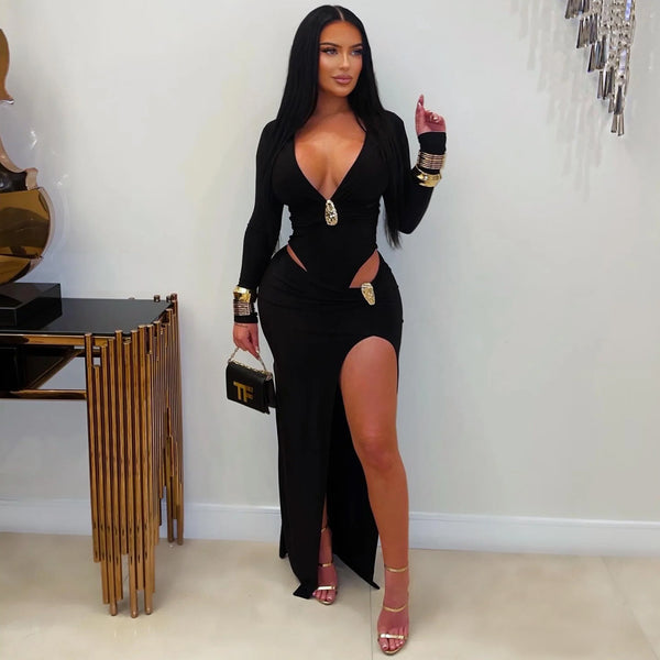Solid V-Neck Long Sleeve Bodycon Dress for Party & Club Wear