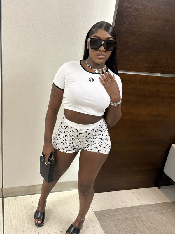 Moon Print Stretchy Top & Shorts Two-Piece Set for Activewear