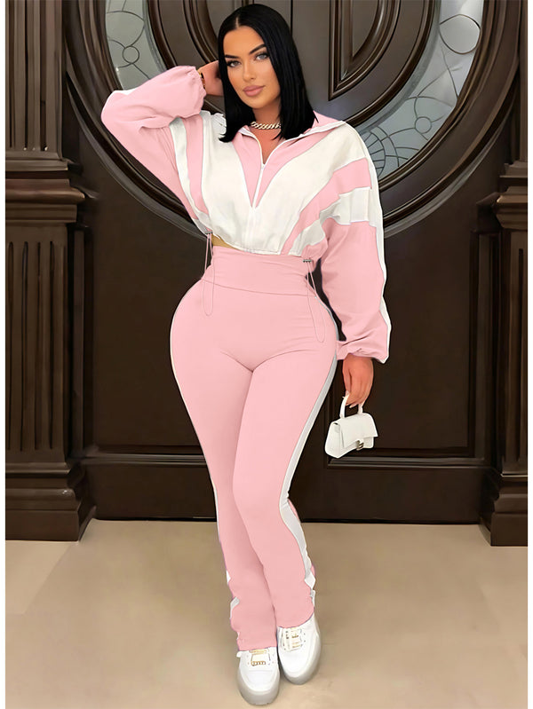 Plus Size Women Color Block Patchwork Jacket and Casual Pants Two-Piece Set