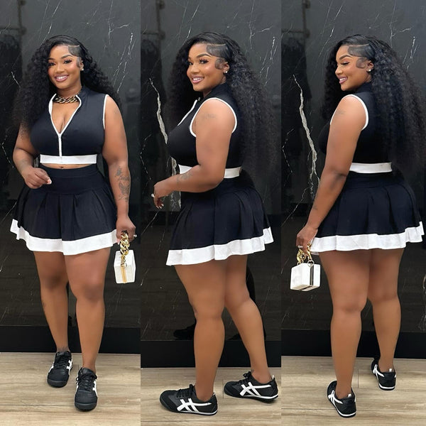 Contrast Color Sleeveless Zipper Top & Skirt Set for Casual Wear