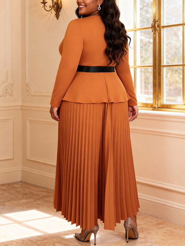 Plus Size Bow Long-Sleeve Ruffle Pleated Dress for Formal Wear