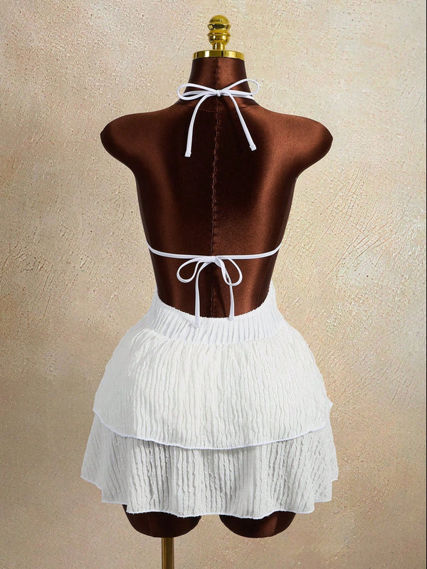 Halter Neck Lace-Up Multi-Layer Backless Dress for Holiday Beachwear