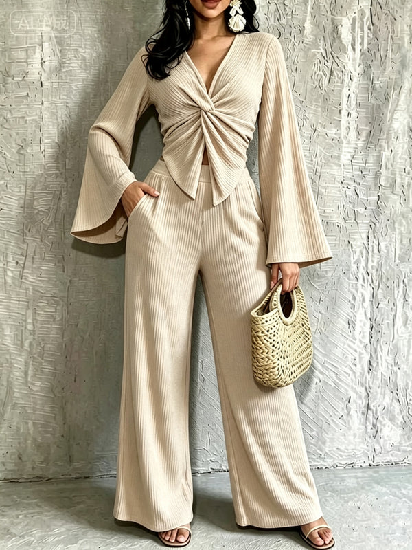 Bell Sleeve Knot V-Neck Top & Pocket Wide-Leg Pants Two-Piece Set for Fall & Winter