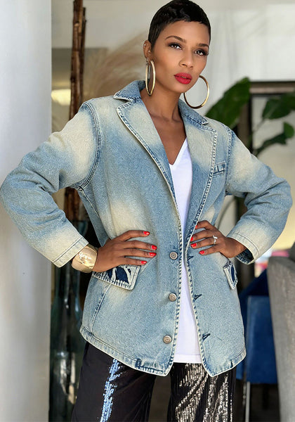 Washed Distressed Denim Blazer Jacket