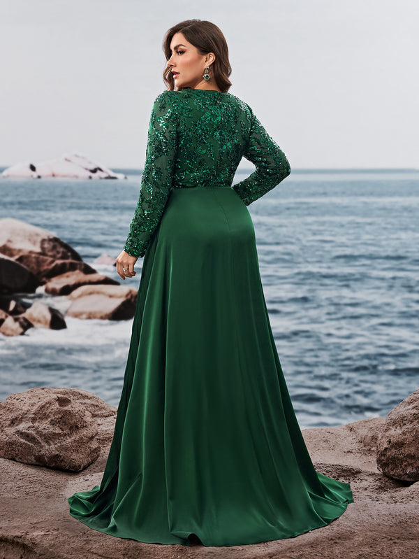 Plus Size Sequin V-Neck Pleated Long Sleeve Applique Evening Gown for Parties