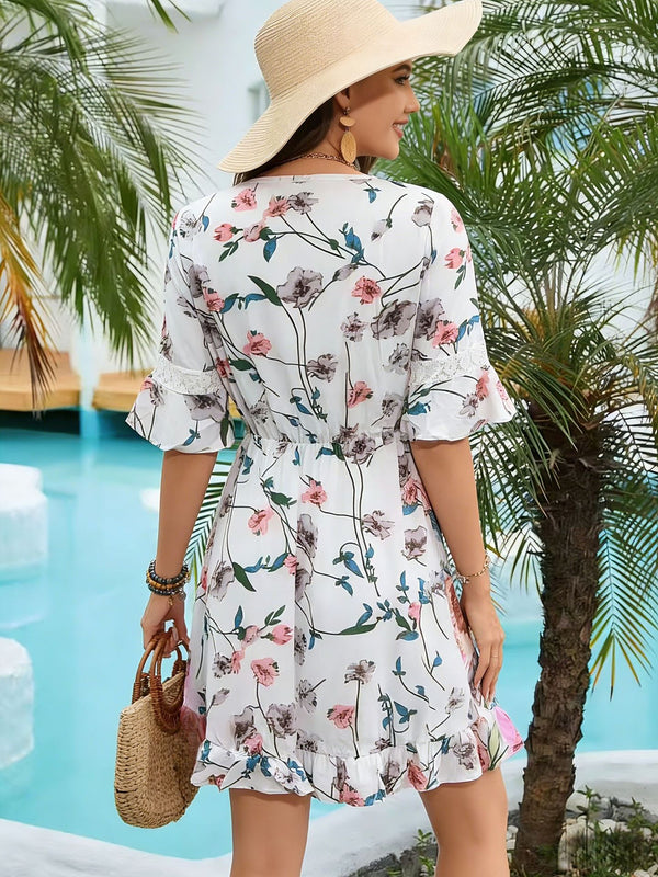 Floral Chiffon V-Neck Tie Short-Sleeve A-Line Dress for Summer