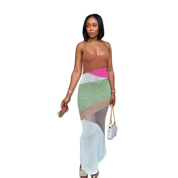 Colorblock Knitted Beach Dress for Summer Vacations