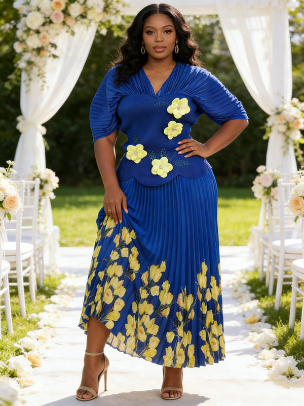 Plus Size Women Pleated Puff Sleeve Beaded Floral Top and Skirt Two-Piece Set