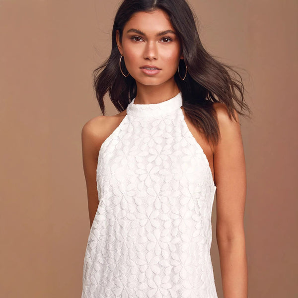 Sleeveless Halter Neck Lace Mini Dress for Summer Parties